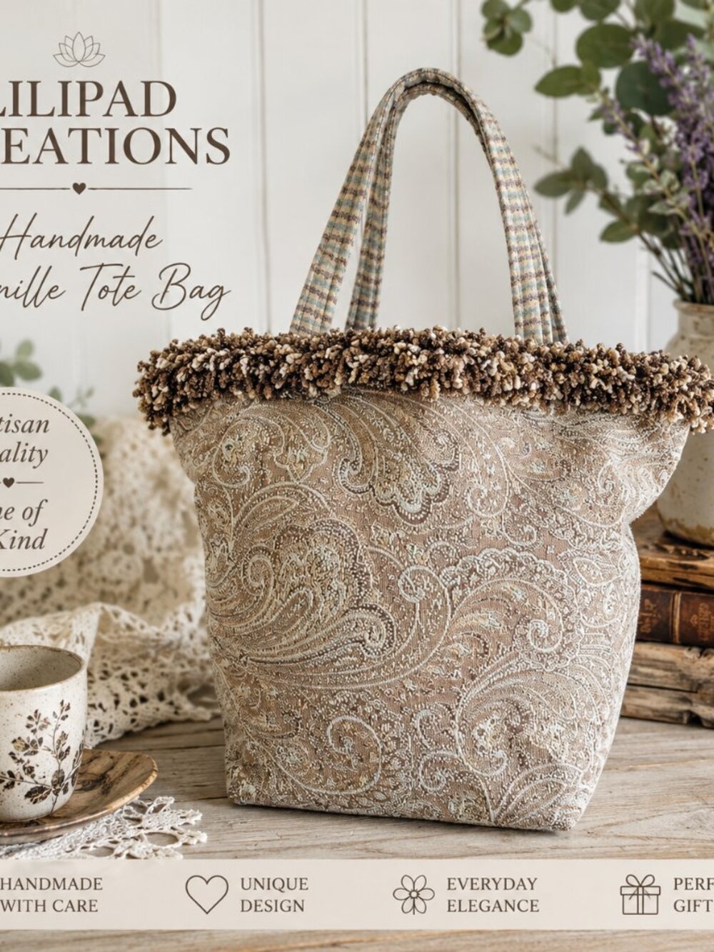 Lilipad Creations Handmade Chenille Paisley Tote Artisan Fabric Shoulder Handbag